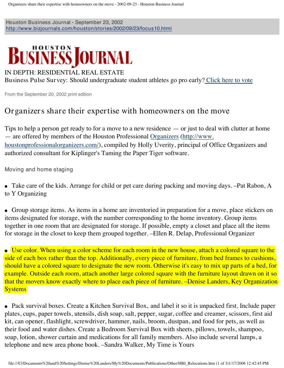 Organizers share their expertise with homeowners on the move · Houston Business Journal · 23 September 2002